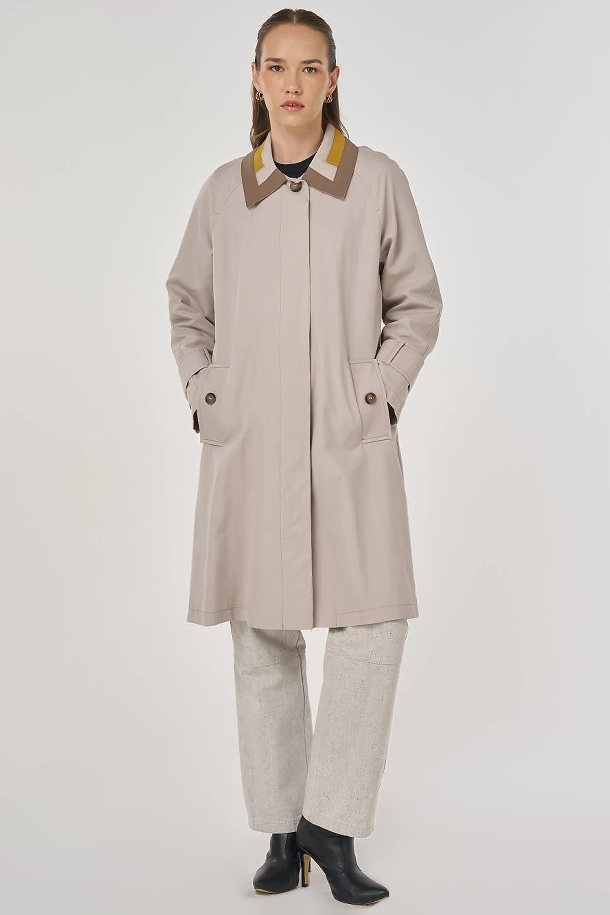 Collar Detailed Trench Coat Stone