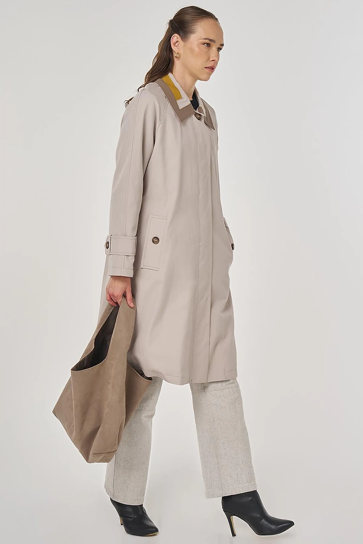 Collar Detailed Trench Coat Stone