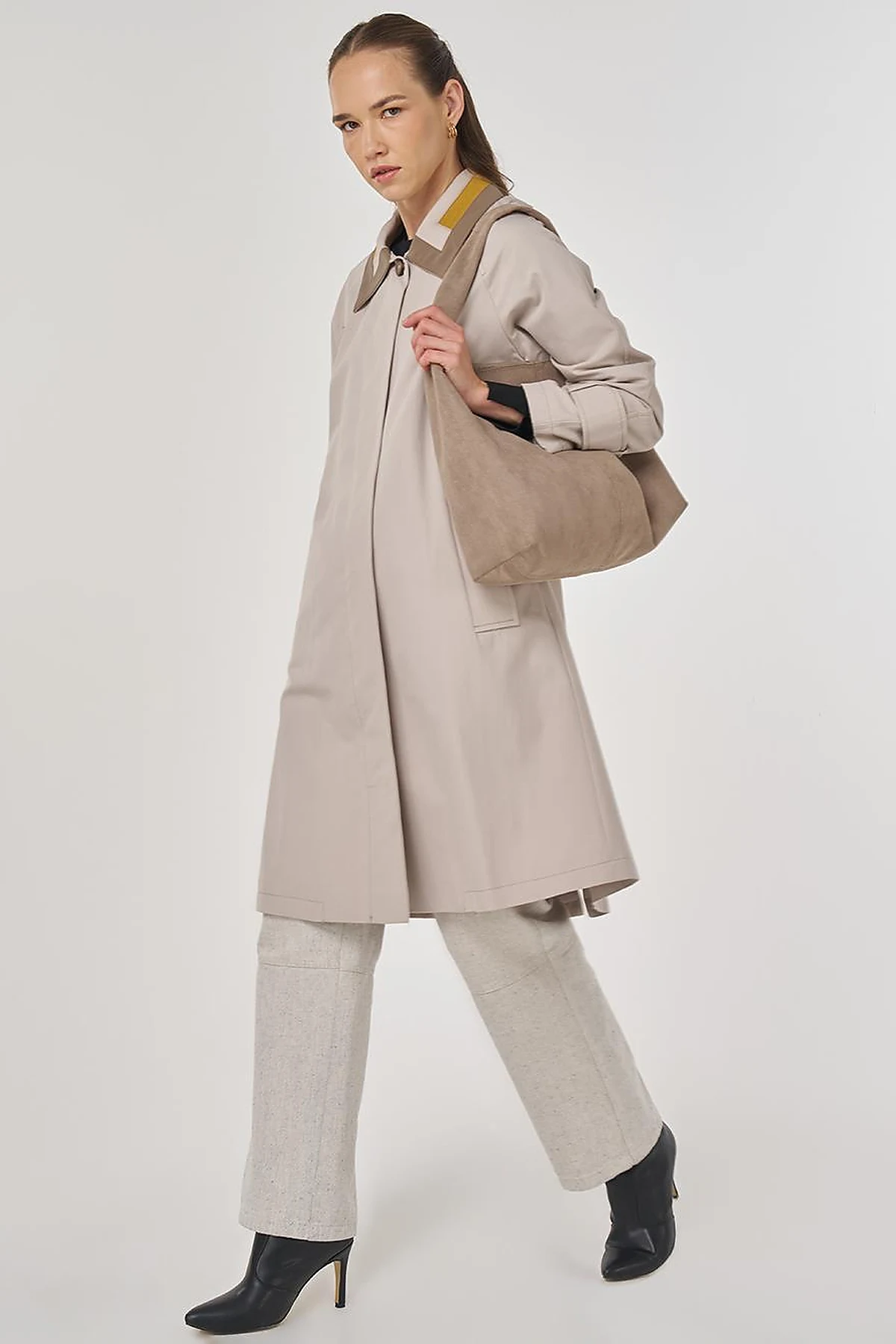 Collar Detailed Trench Coat Stone