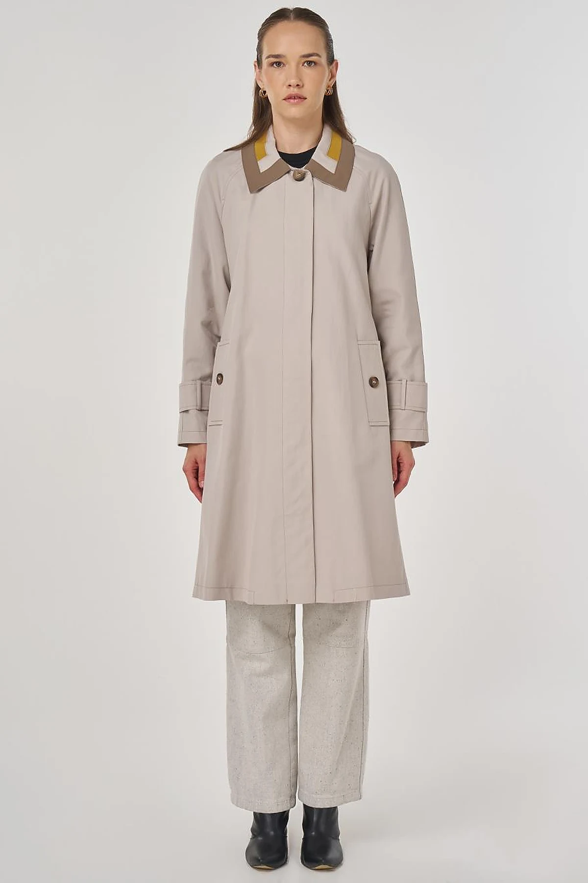 Collar Detailed Trench Coat Stone