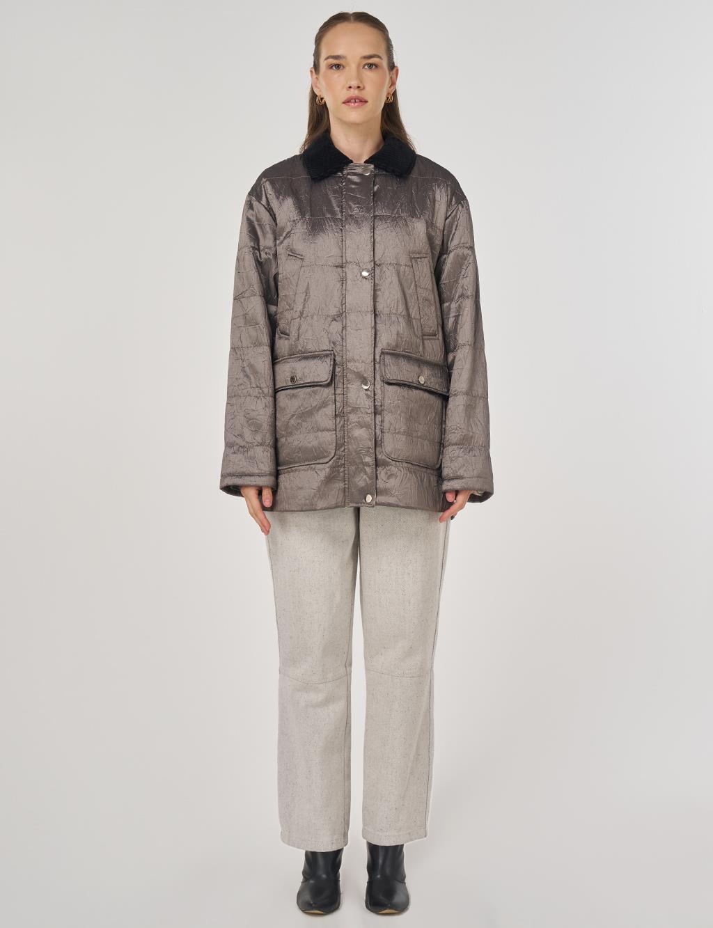 Velvet Collar Detailed Coat Taupe