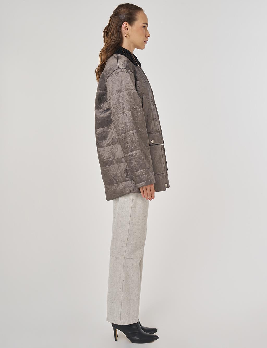 Velvet Collar Detailed Coat Taupe