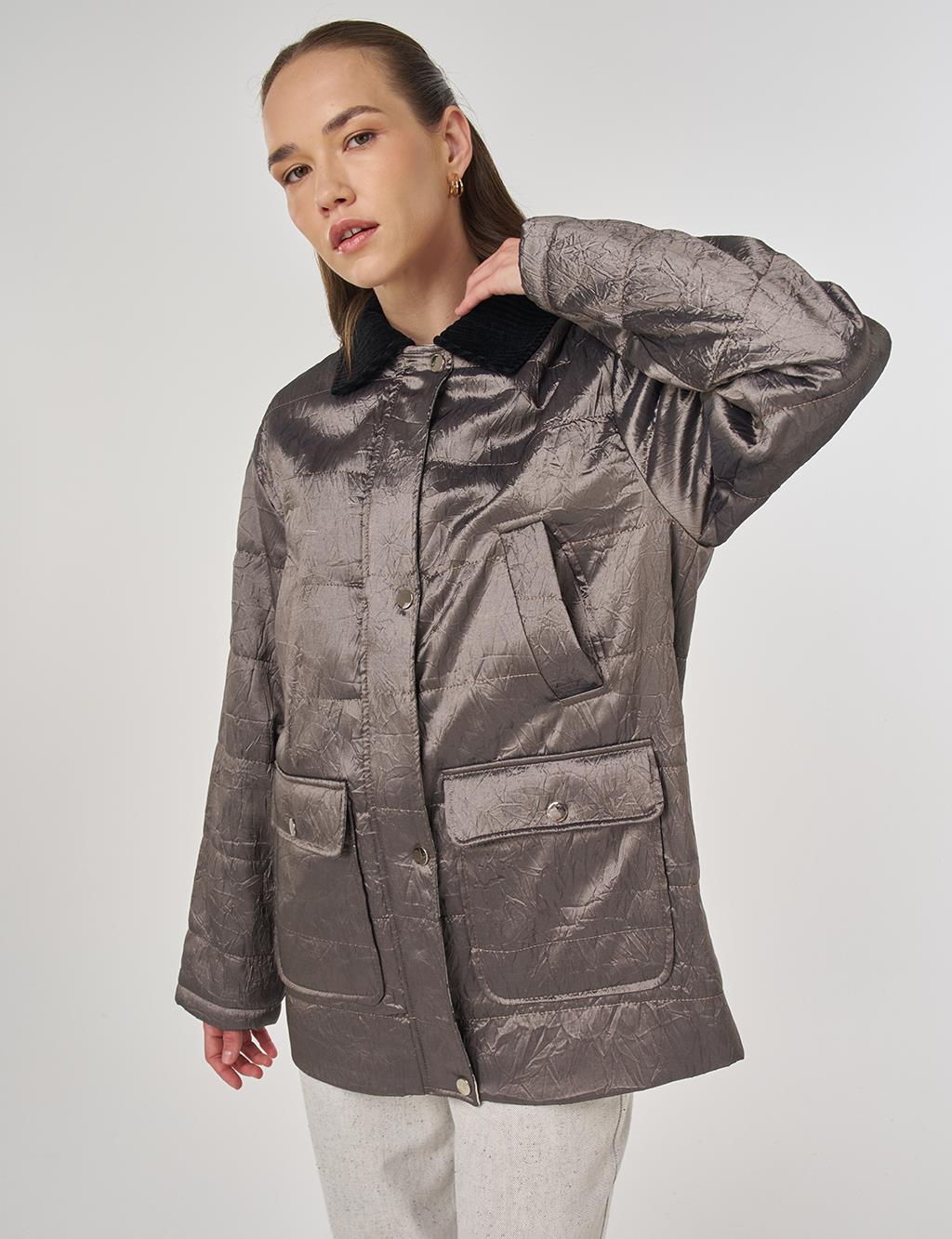 Velvet Collar Detailed Coat Taupe