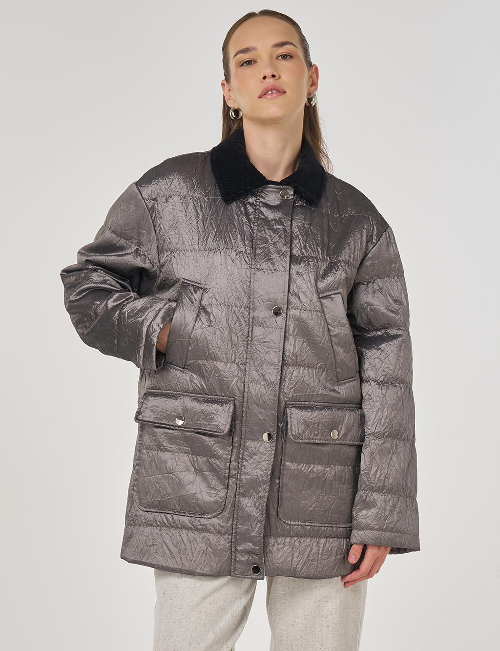 Velvet Collar Detailed Coat Silver