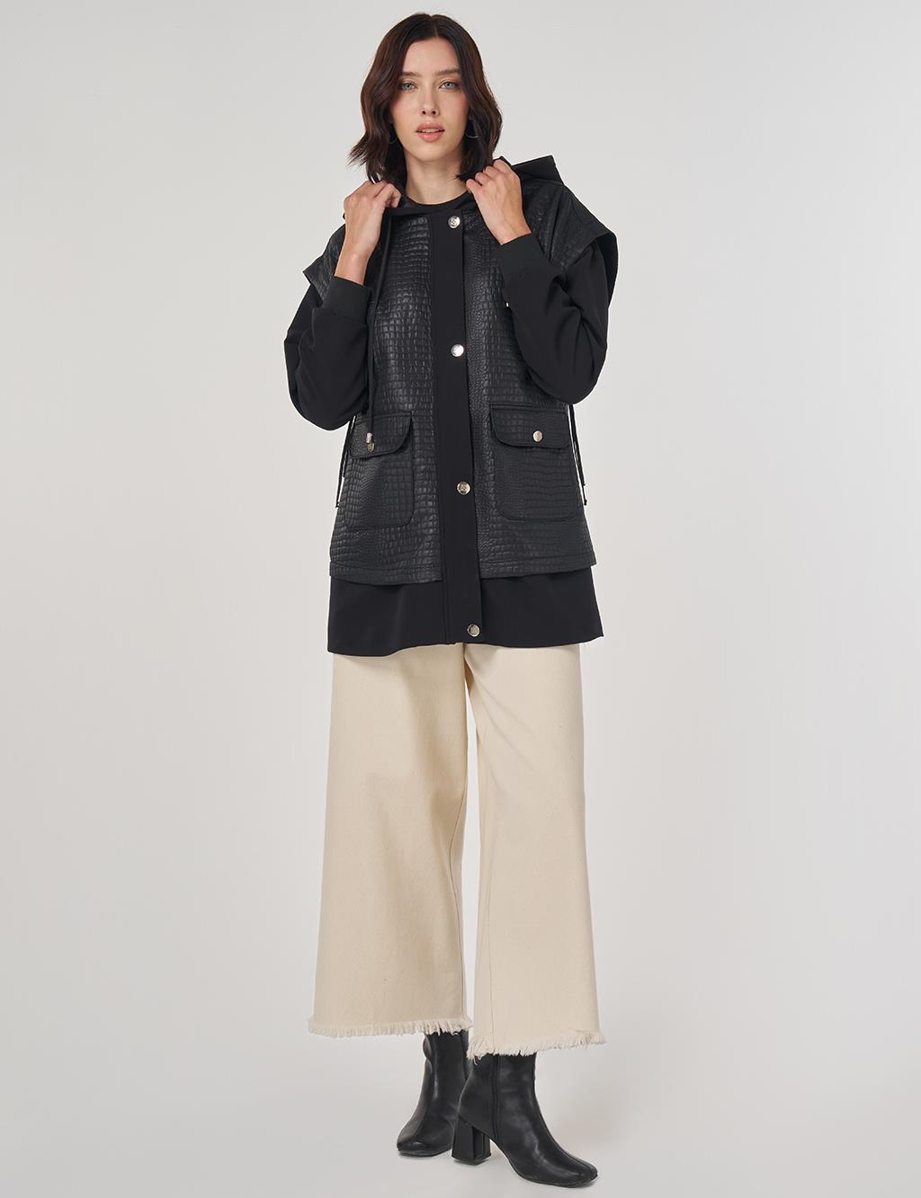 Cep Detaylı Kapüşonlu Ceket Siyah 