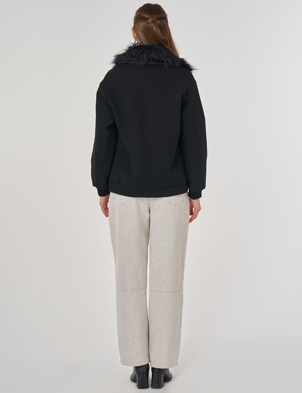 Kürk Detaylı Kısa Ceket Siyah 