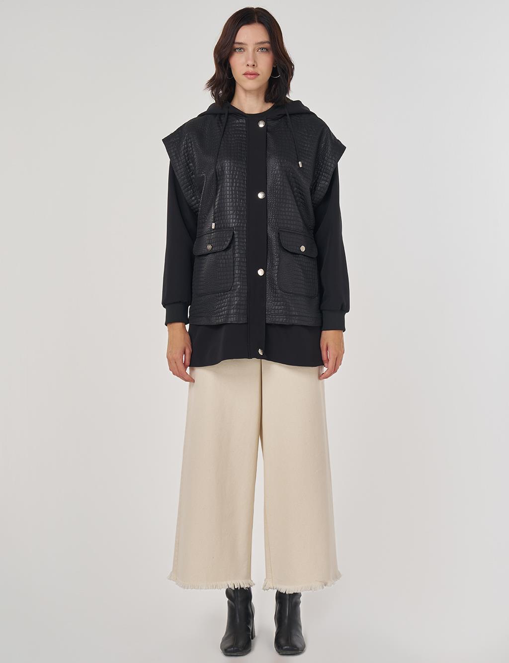 Cep Detaylı Kapüşonlu Ceket Siyah 