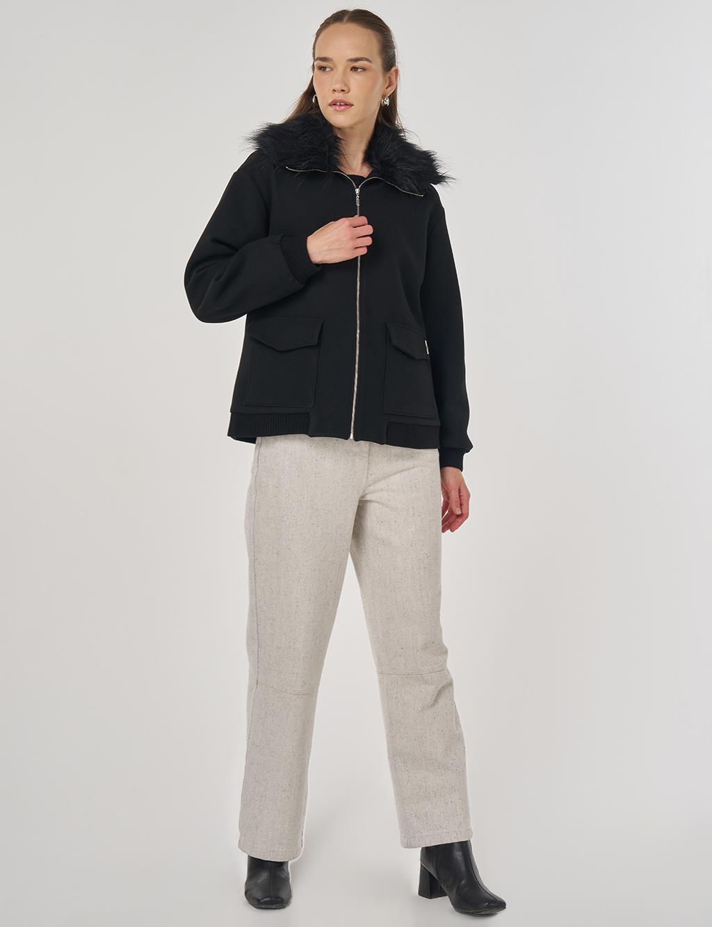 Kürk Detaylı Kısa Ceket Siyah 