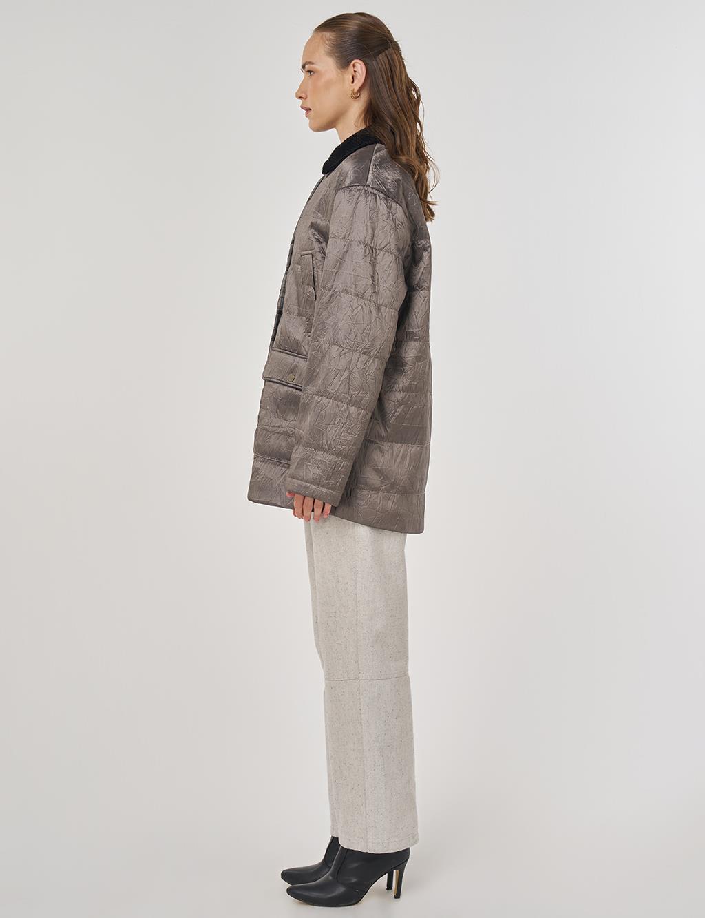 Velvet Collar Detailed Coat Taupe