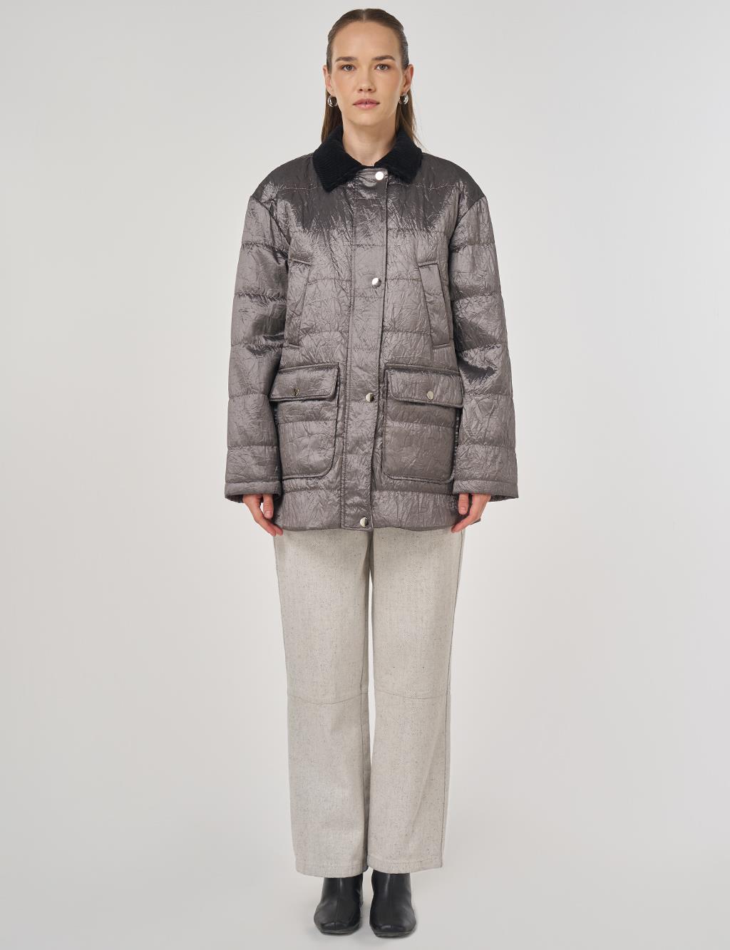 Velvet Collar Detailed Coat Silver