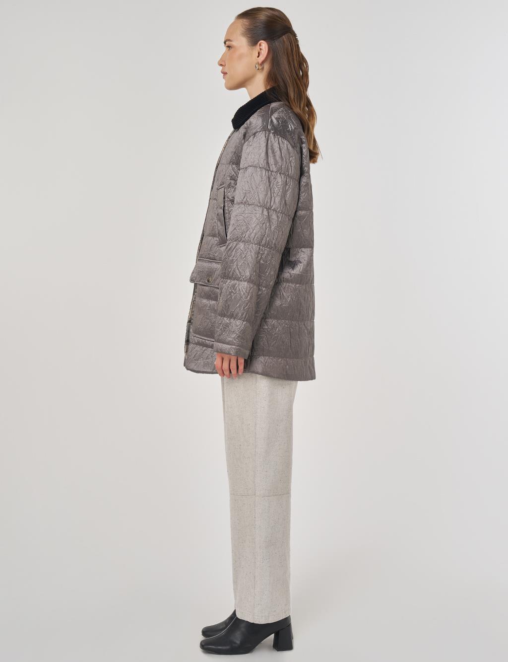 Velvet Collar Detailed Coat Silver