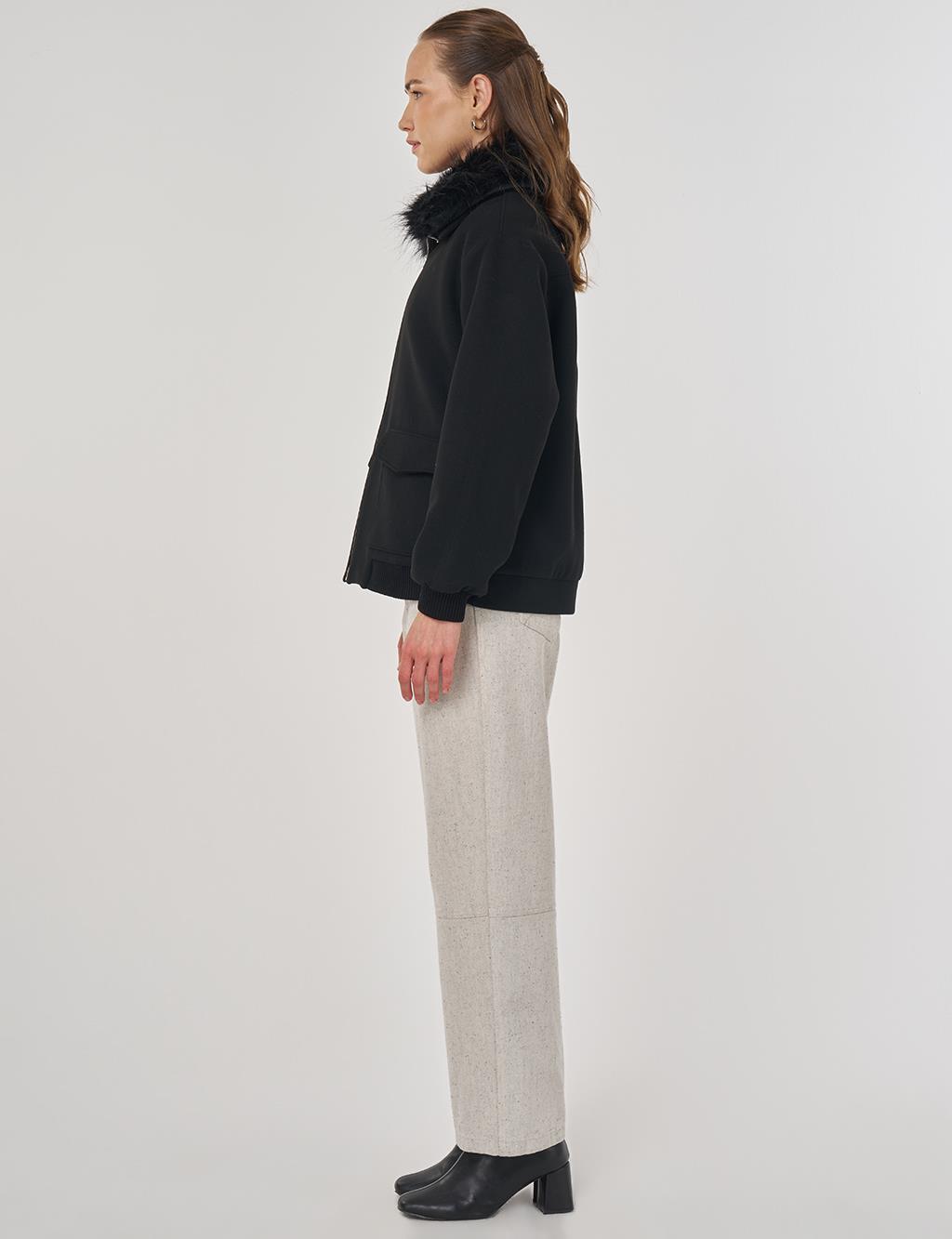 Kürk Detaylı Kısa Ceket Siyah 