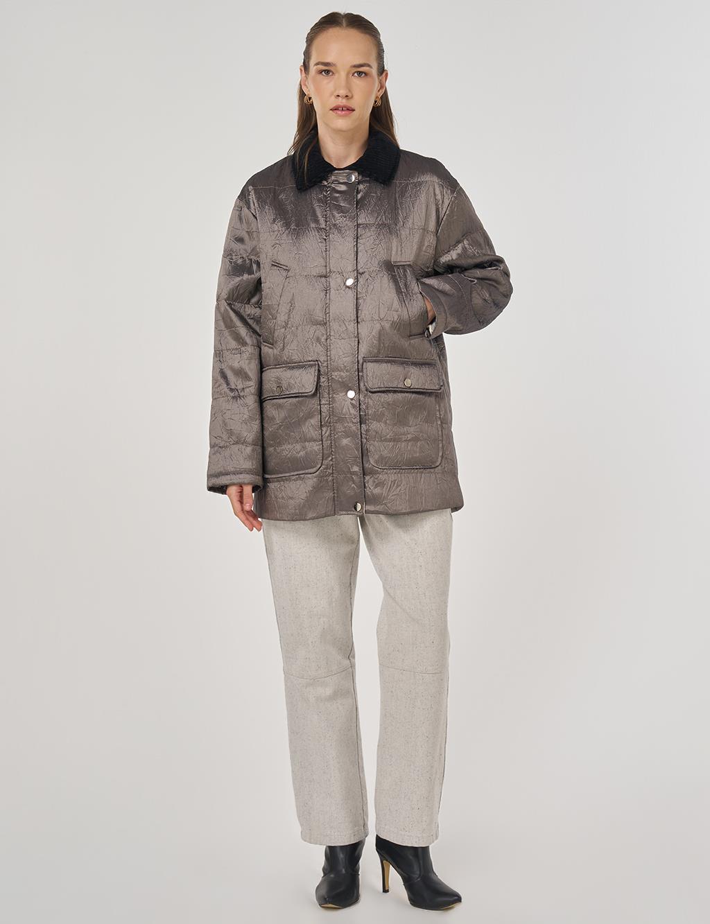 Velvet Collar Detailed Coat Taupe