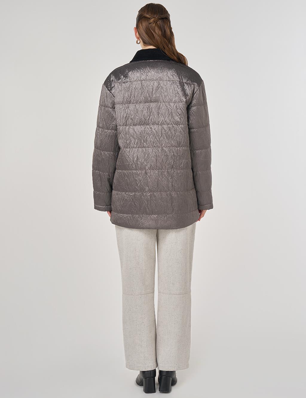 Velvet Collar Detailed Coat Silver