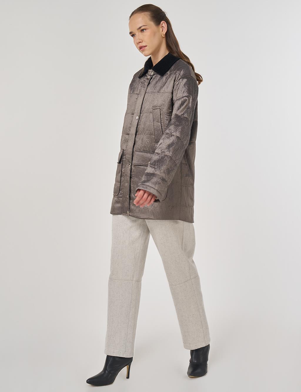 Velvet Collar Detailed Coat Taupe