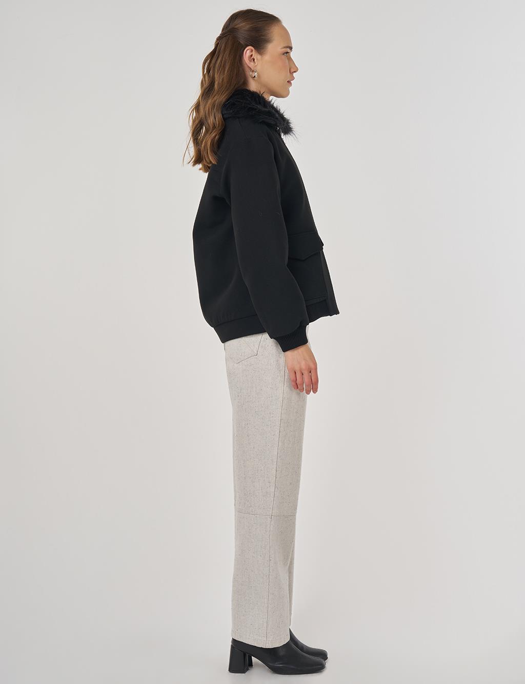 Kürk Detaylı Kısa Ceket Siyah 