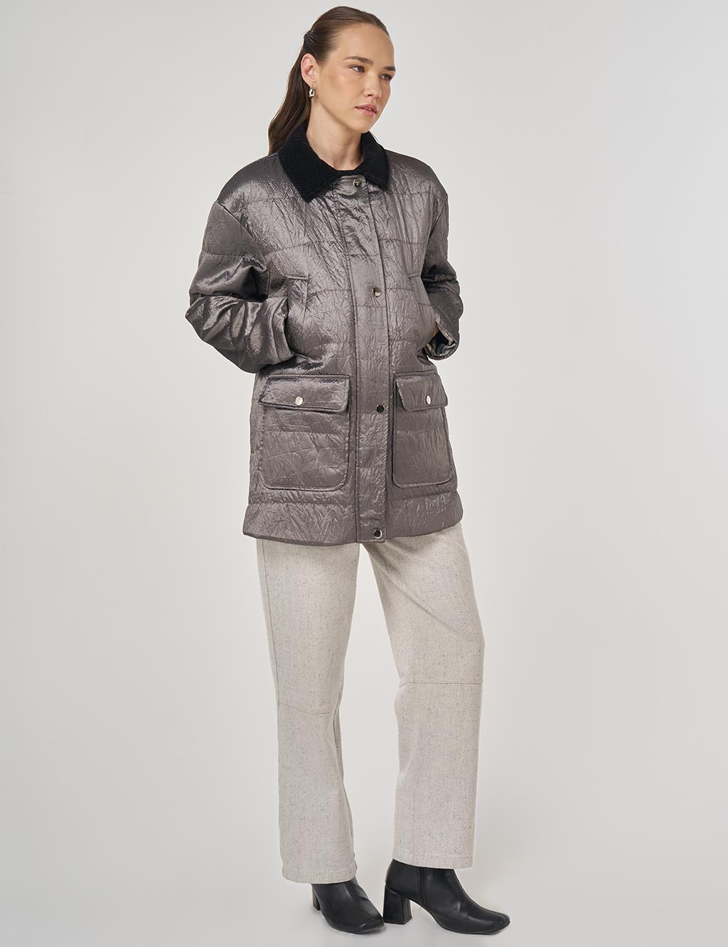 Velvet Collar Detailed Coat Silver