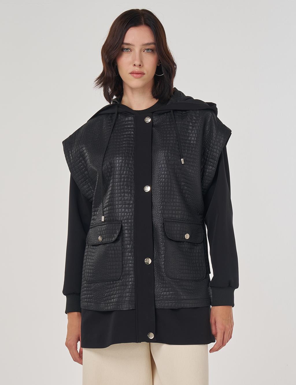 Cep Detaylı Kapüşonlu Ceket Siyah 