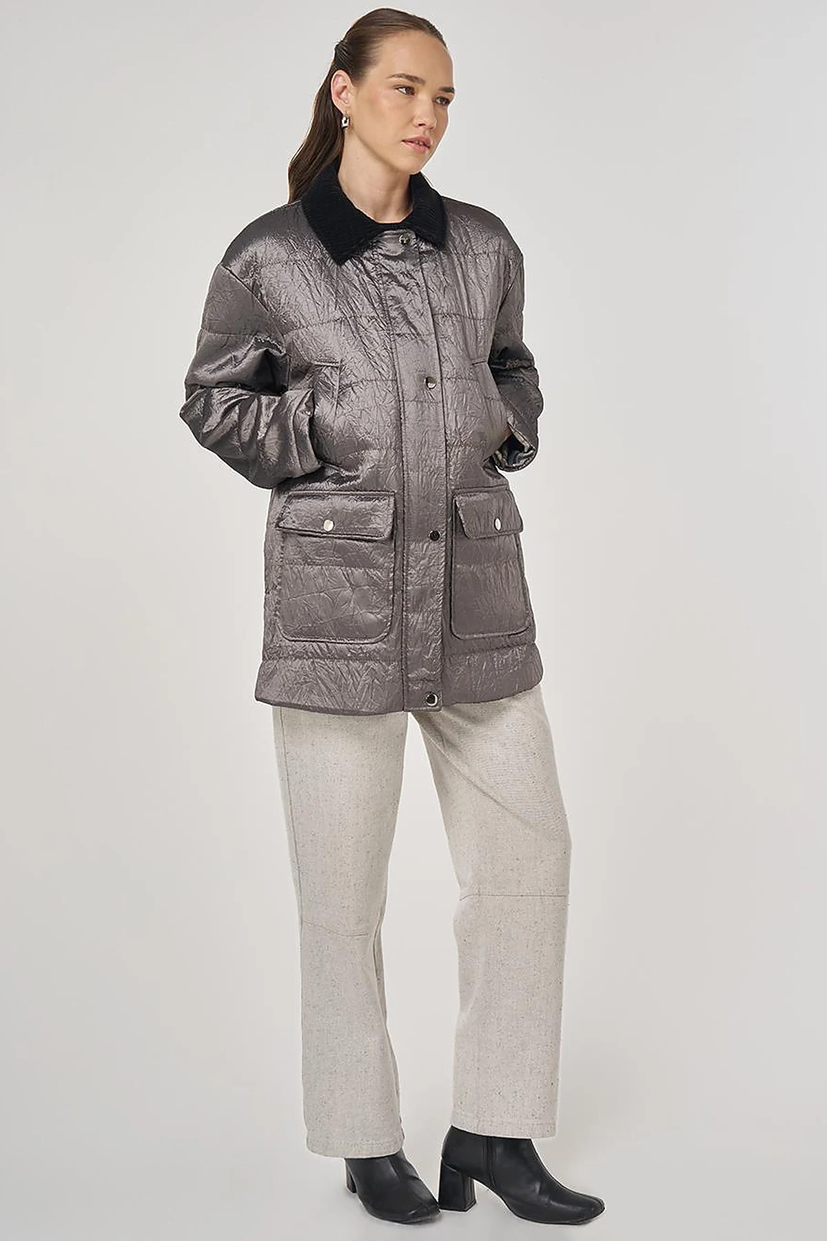 Velvet Collar Detailed Coat Silver