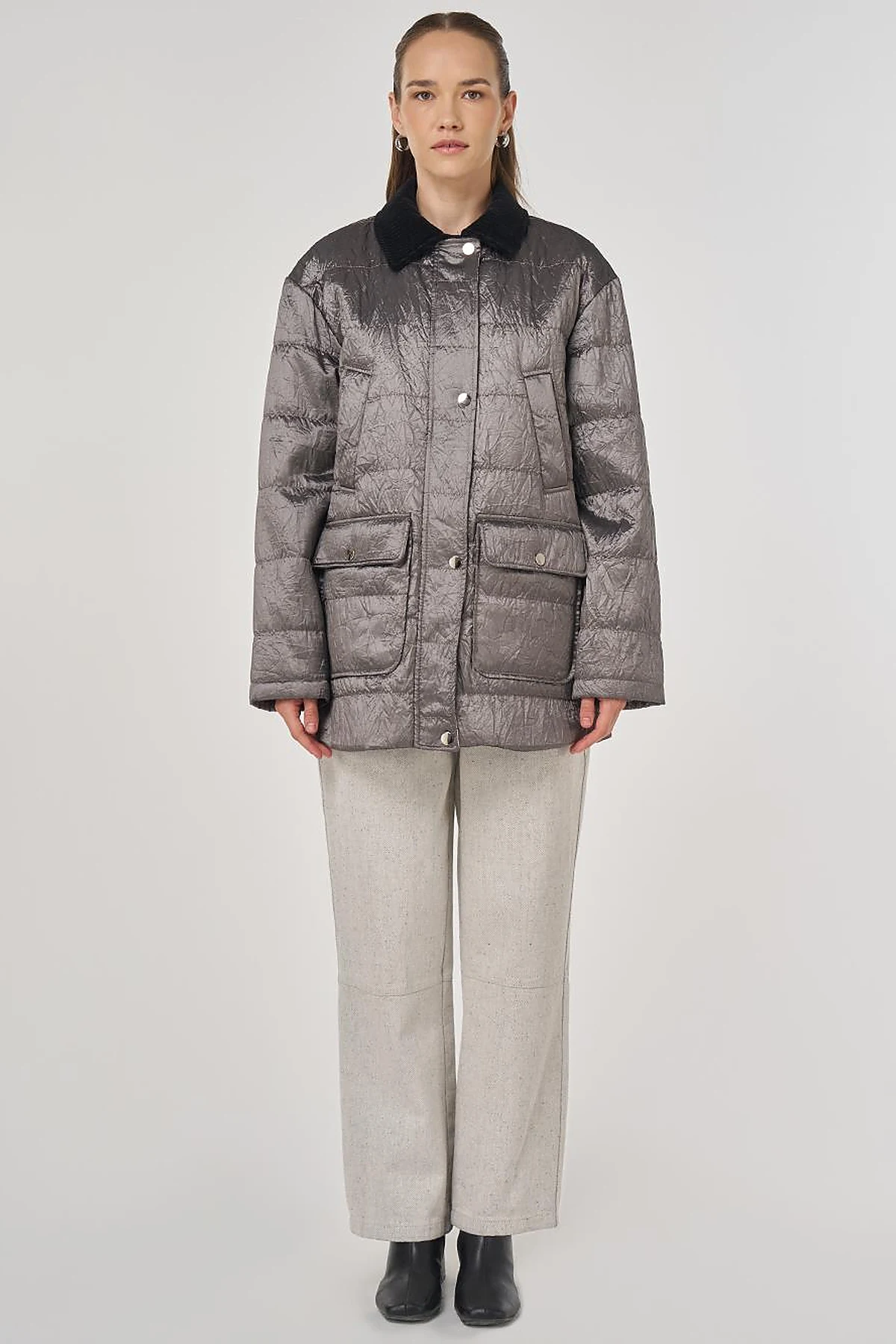 Velvet Collar Detailed Coat Silver