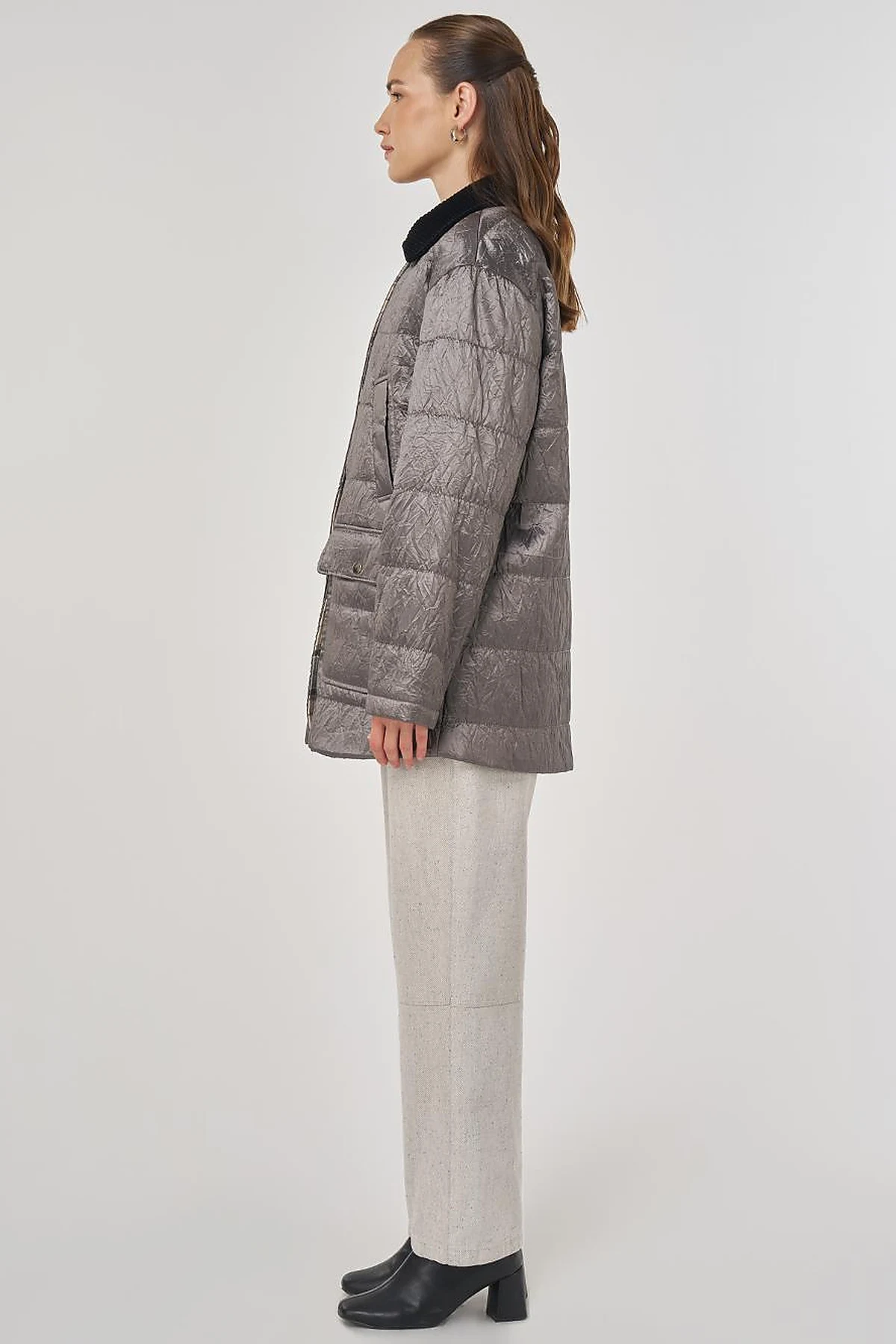 Velvet Collar Detailed Coat Silver