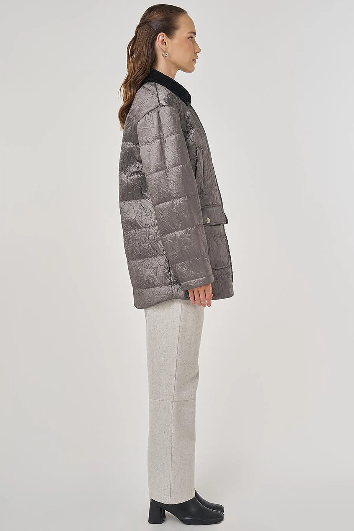 Velvet Collar Detailed Coat Silver