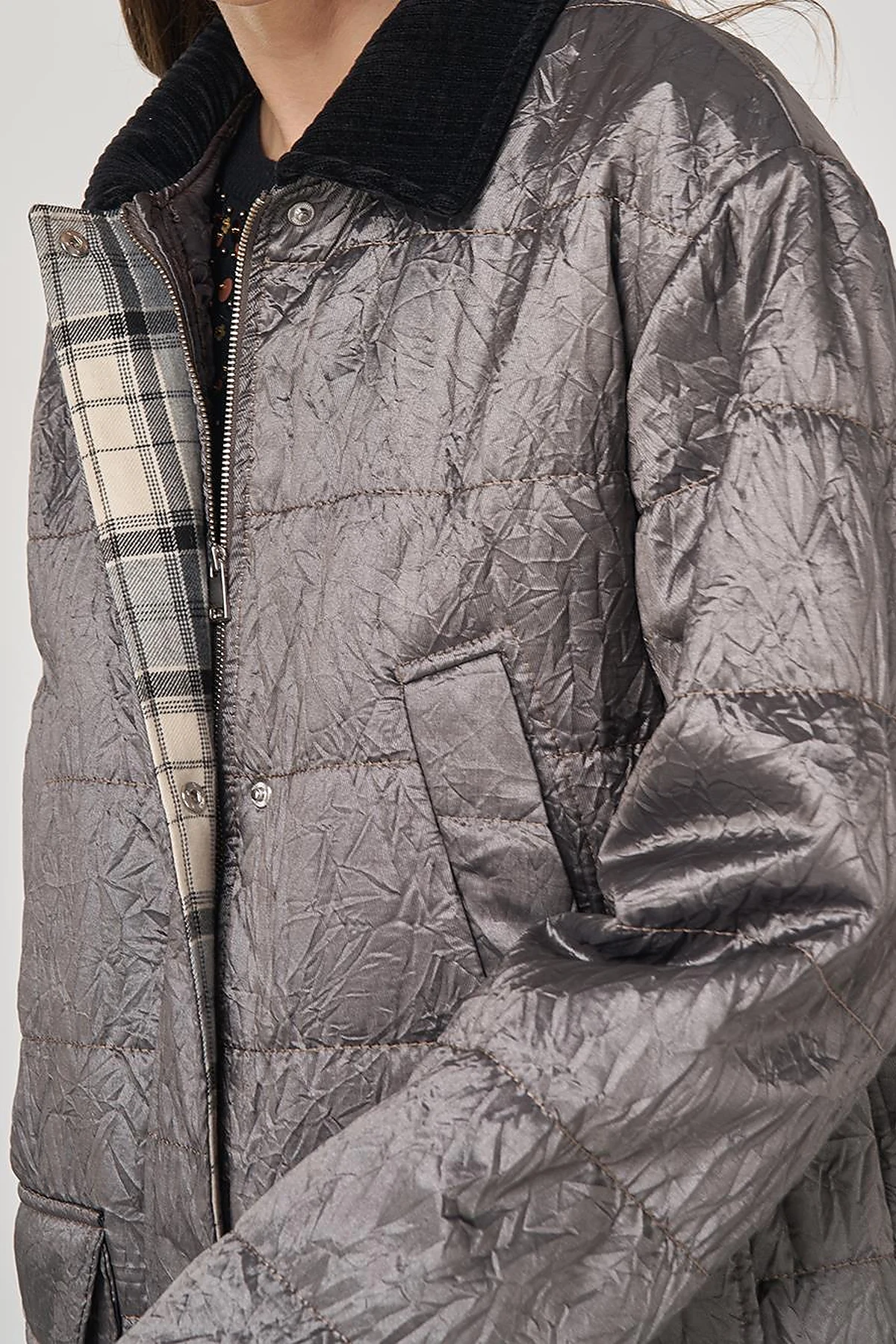 Velvet Collar Detailed Coat Silver