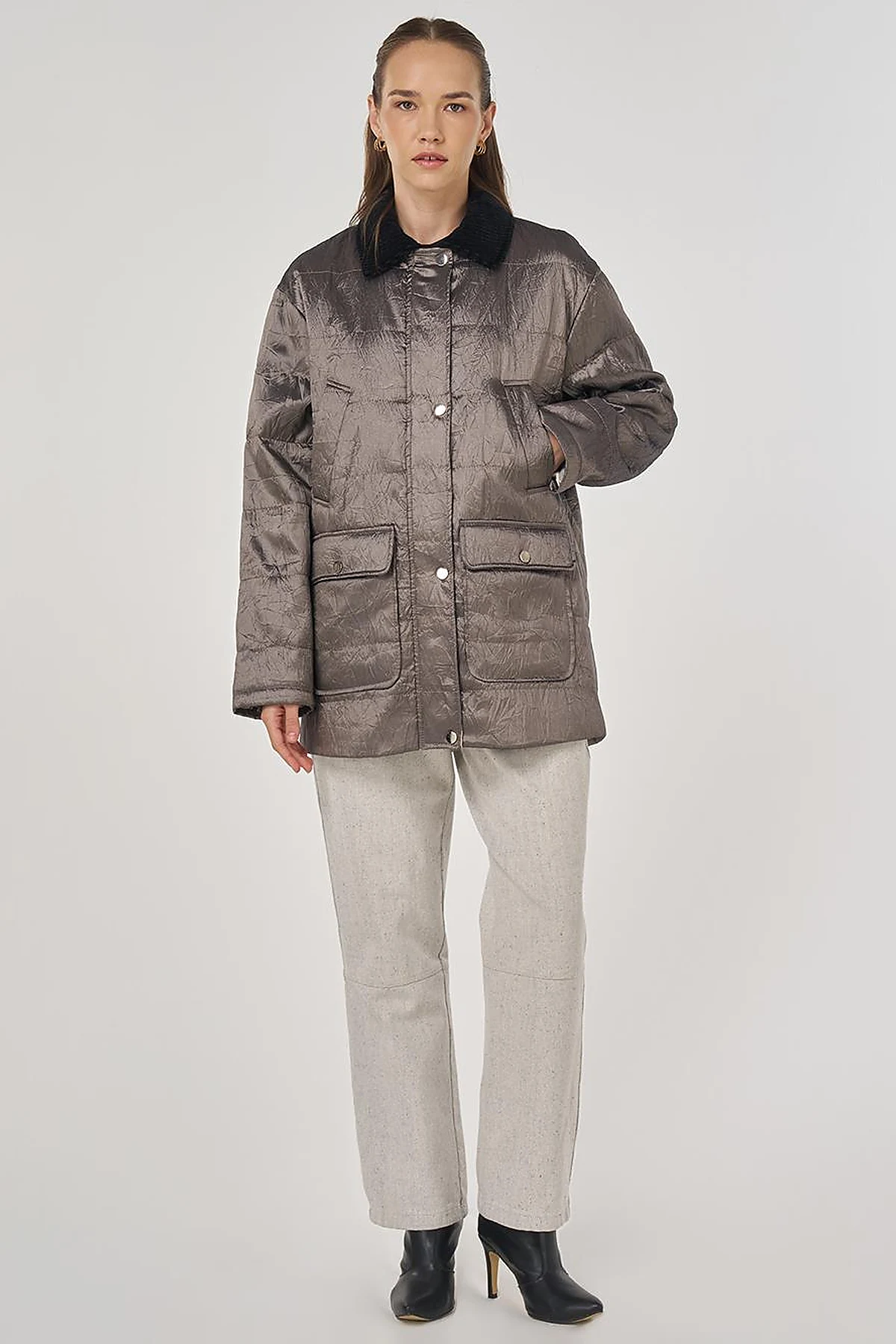 Velvet Collar Detailed Coat Taupe
