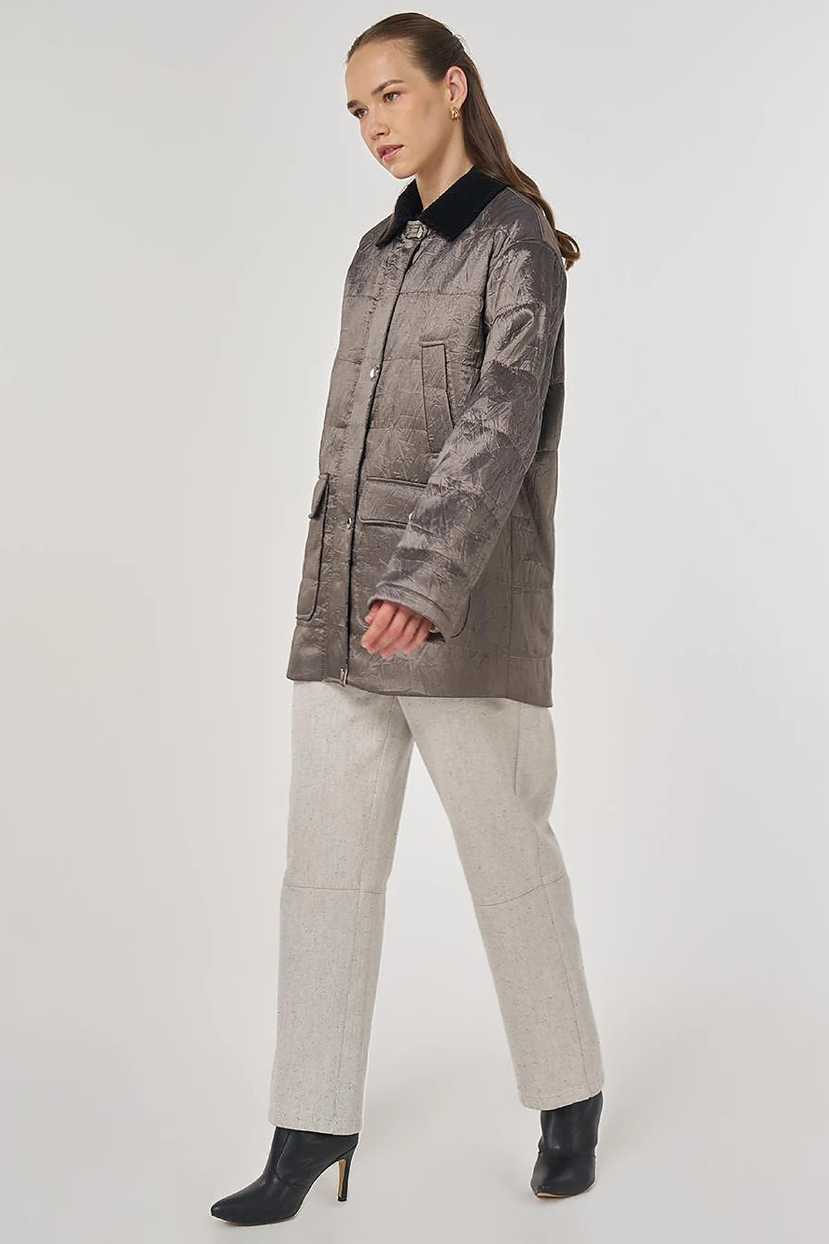Velvet Collar Detailed Coat Taupe