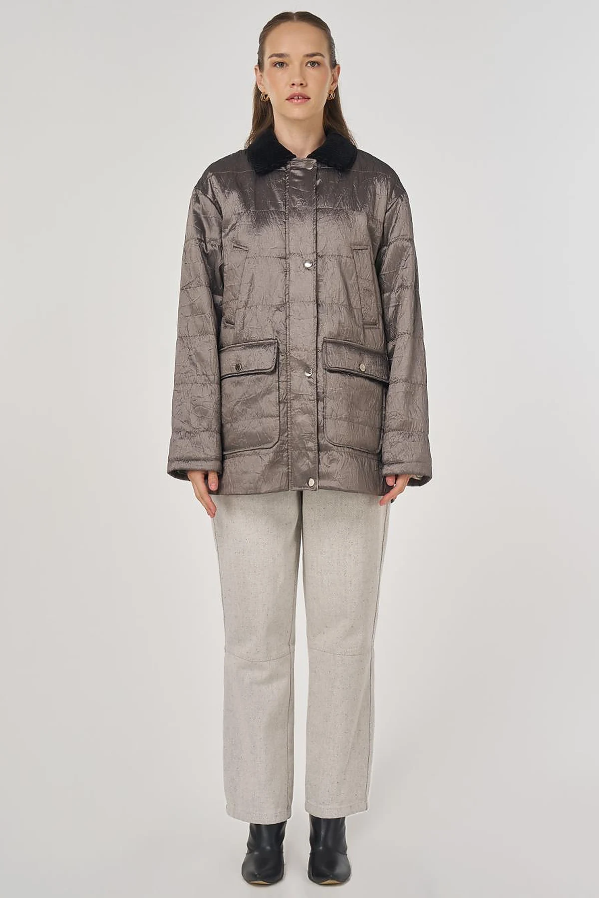 Velvet Collar Detailed Coat Taupe