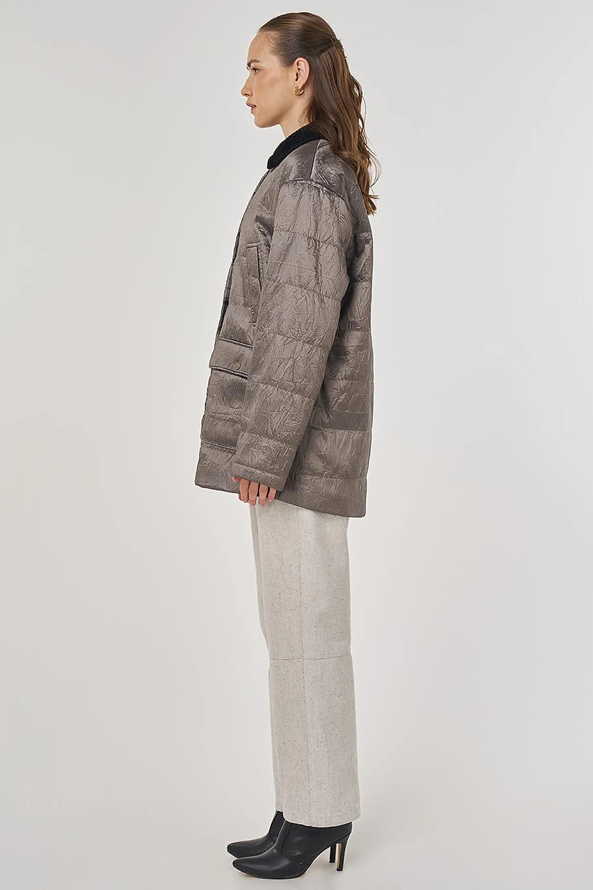Velvet Collar Detailed Coat Taupe