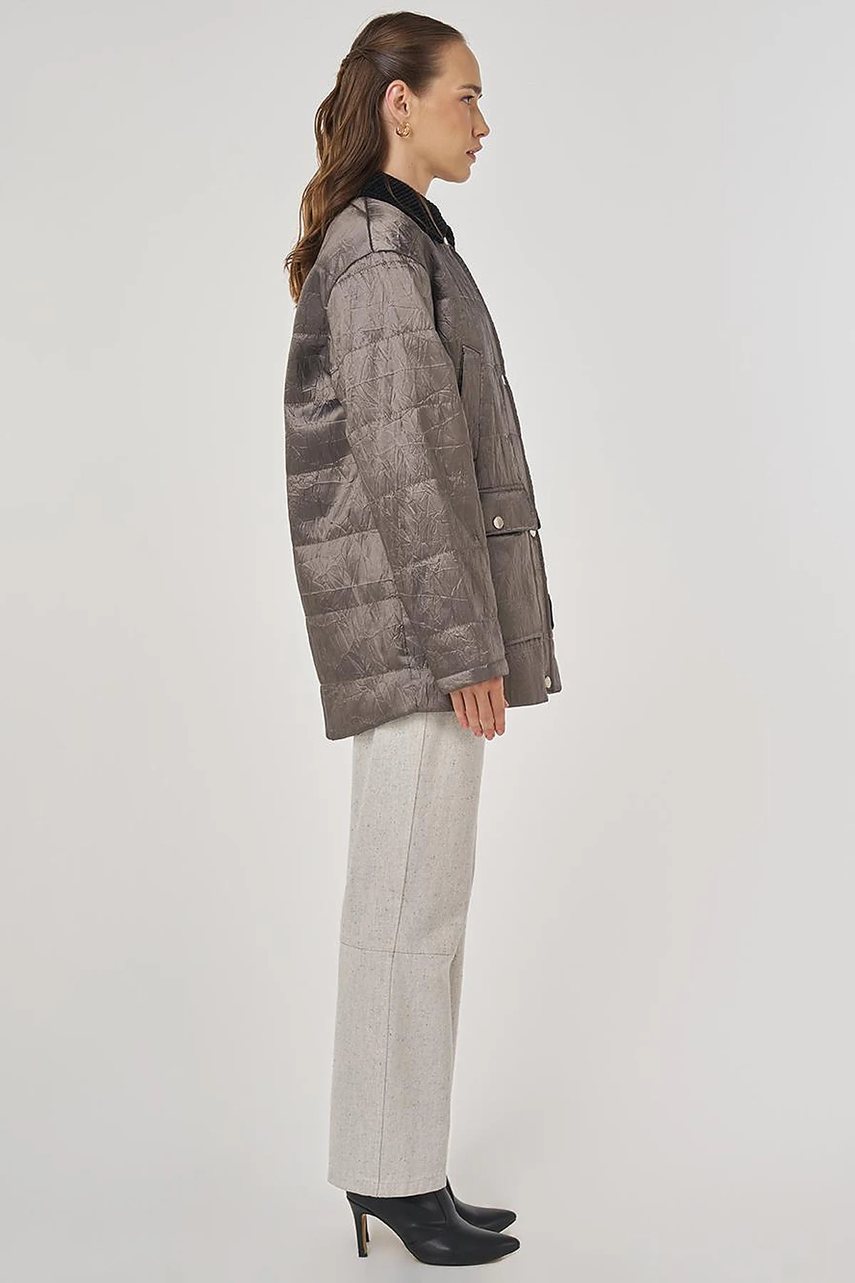 Velvet Collar Detailed Coat Taupe