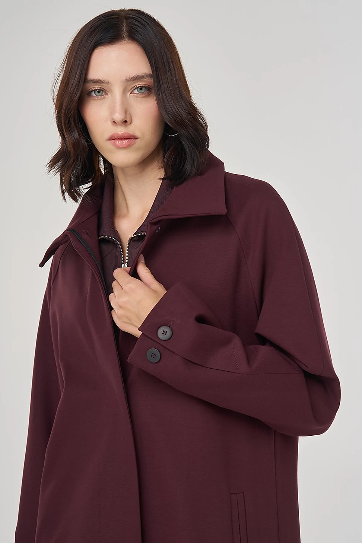 Stand Collar Raglan Sleeve Coat Dark Burgundy