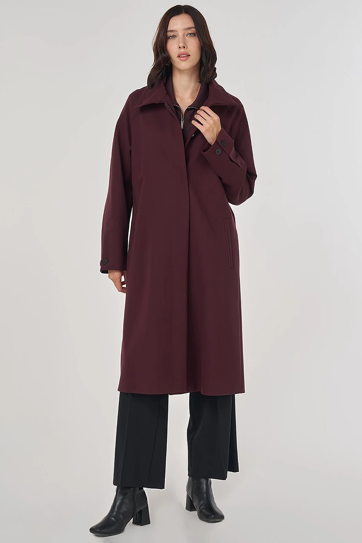 Stand Collar Raglan Sleeve Coat Dark Burgundy