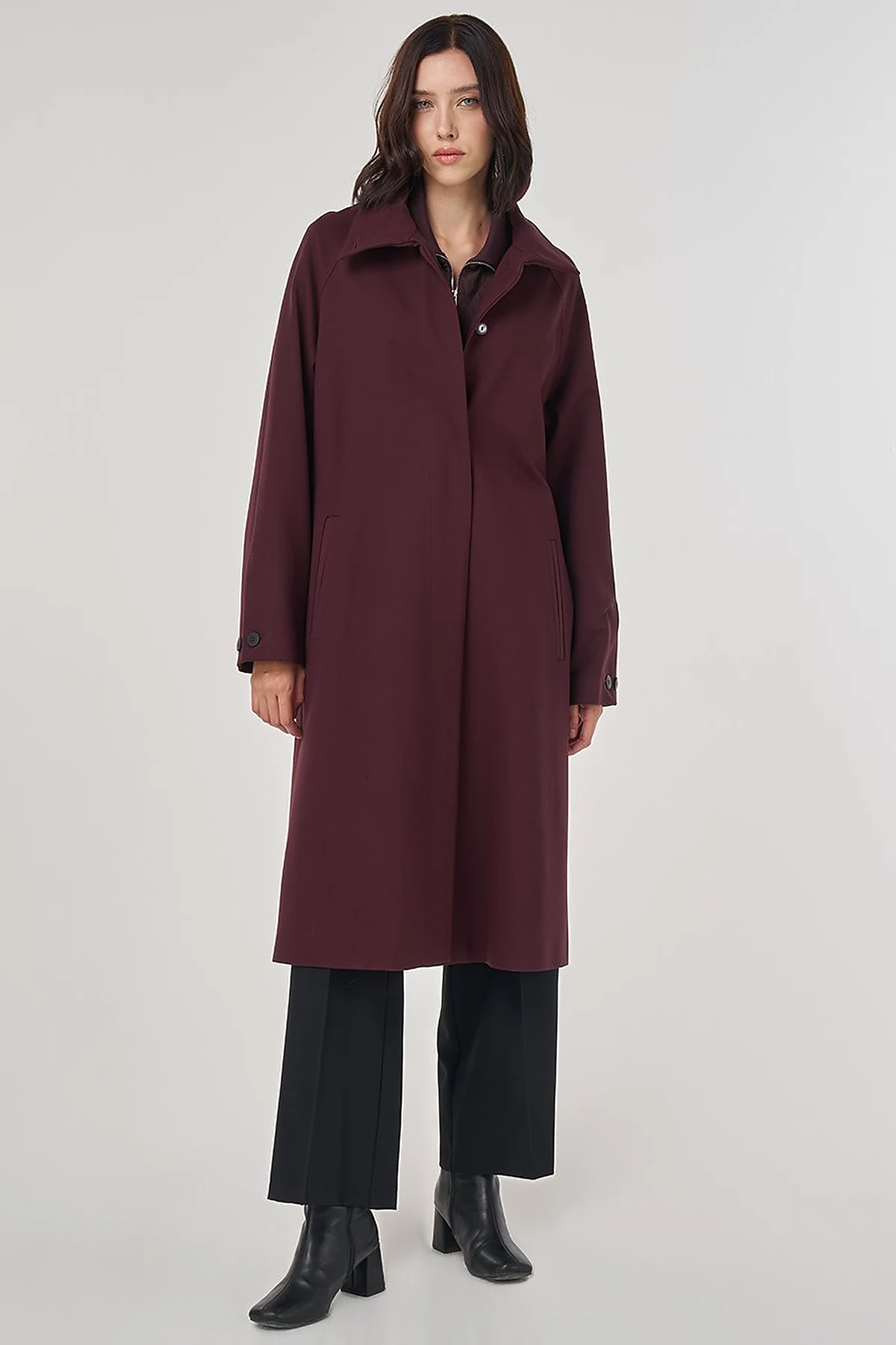 Stand Collar Raglan Sleeve Coat Dark Burgundy