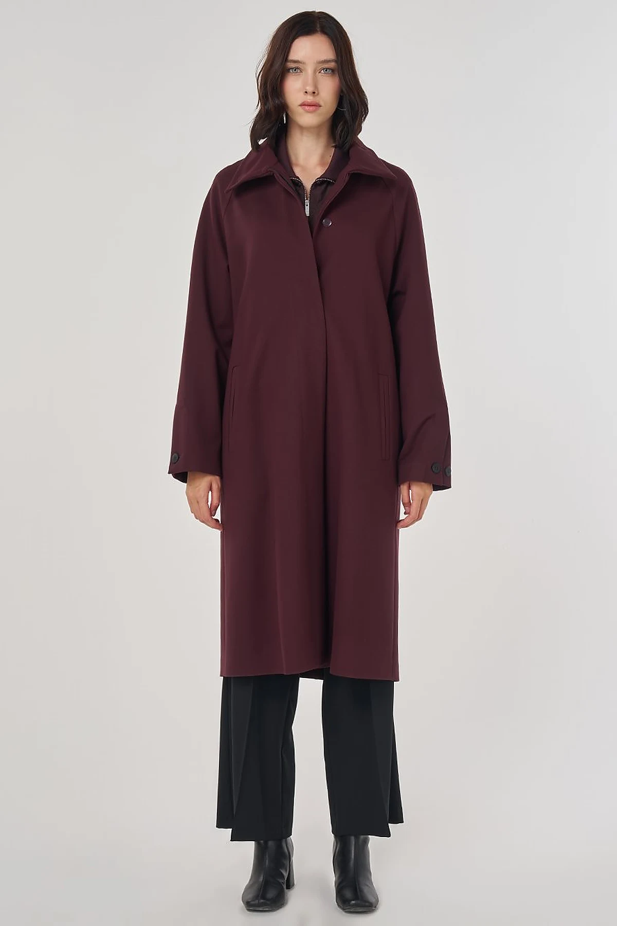 Stand Collar Raglan Sleeve Coat Dark Burgundy