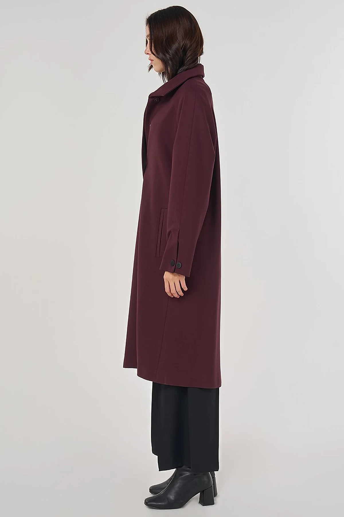 Stand Collar Raglan Sleeve Coat Dark Burgundy
