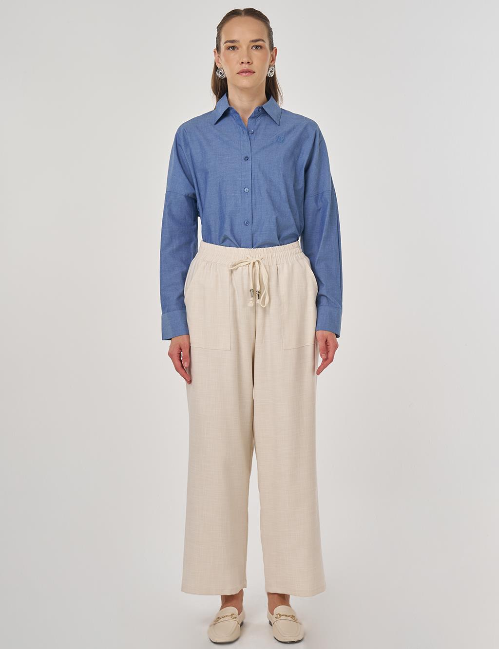 Yüksek Bel Rahat Kesim Pantolon Krem