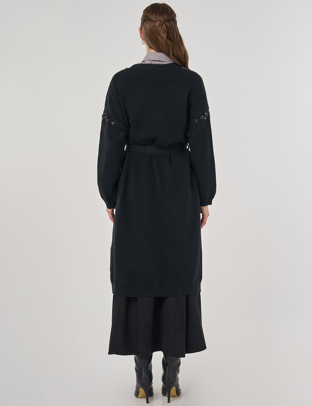 Embroidered Knit Cardigan in Black