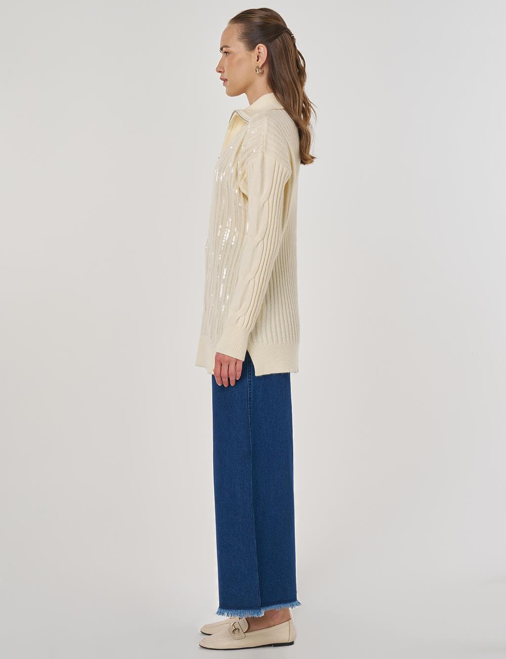 Payet İşlemeli Viskon Triko Tunik Bej 