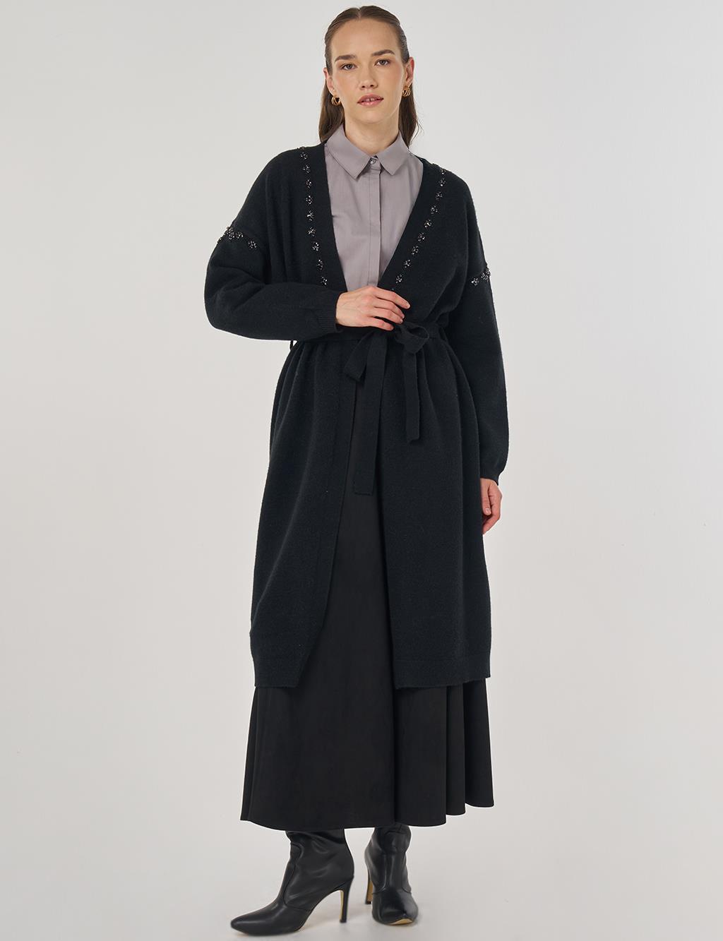 Embroidered Knit Cardigan in Black