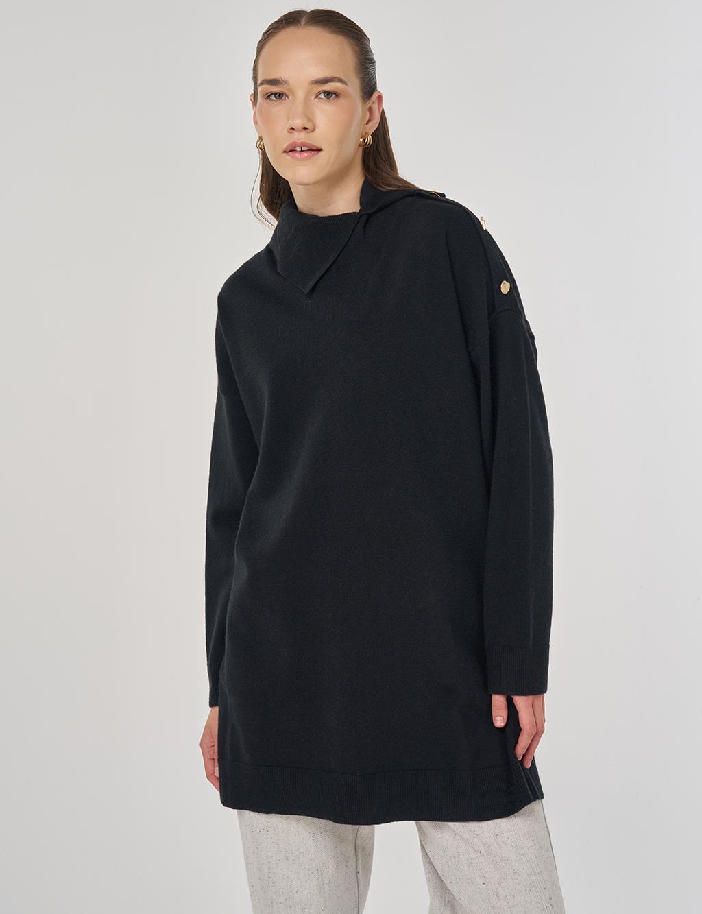 Button Detailed Knit Tunic in Black