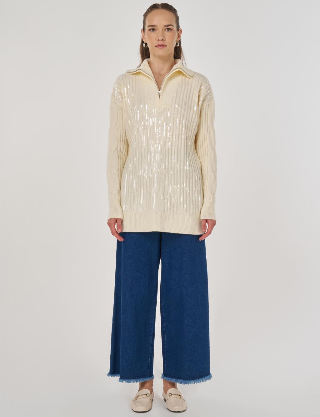 Payet İşlemeli Viskon Triko Tunik Bej 