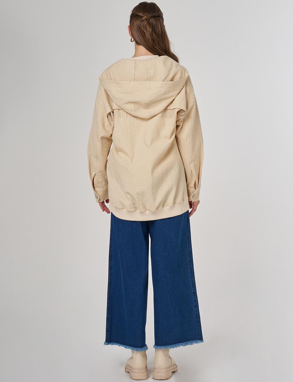 Kapüşon Detaylı Gofreli Ceket Açık Sarı