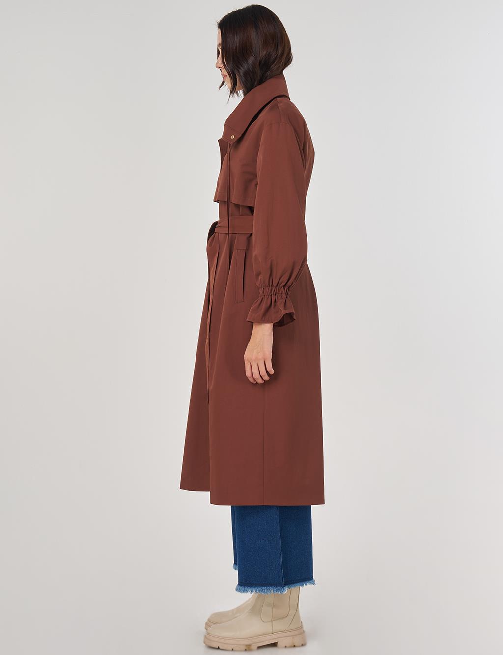 Bilek Detaylı Uzun Trençkot Kahve