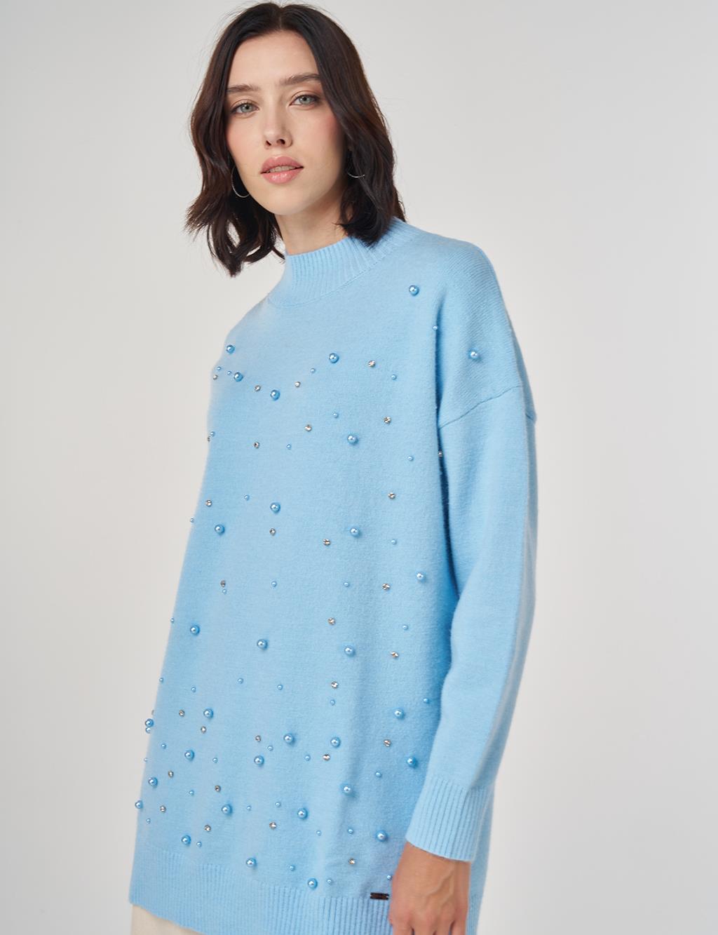 Pearl Embellished Knit Tunic in Crown Blue