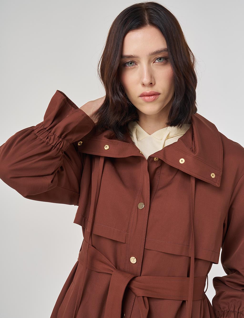 Bilek Detaylı Uzun Trençkot Kahve