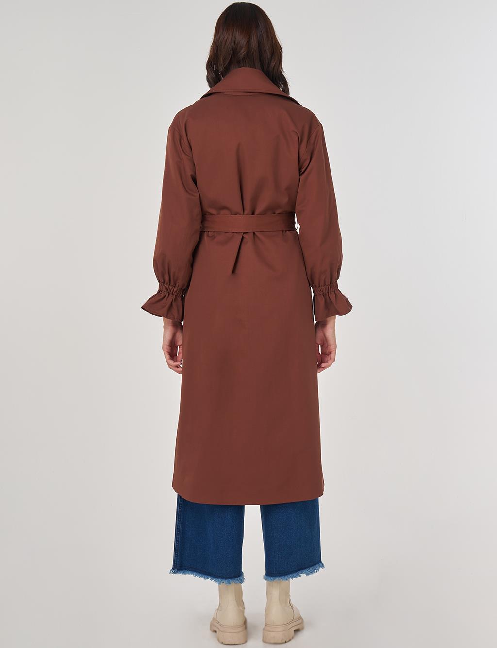 Bilek Detaylı Uzun Trençkot Kahve