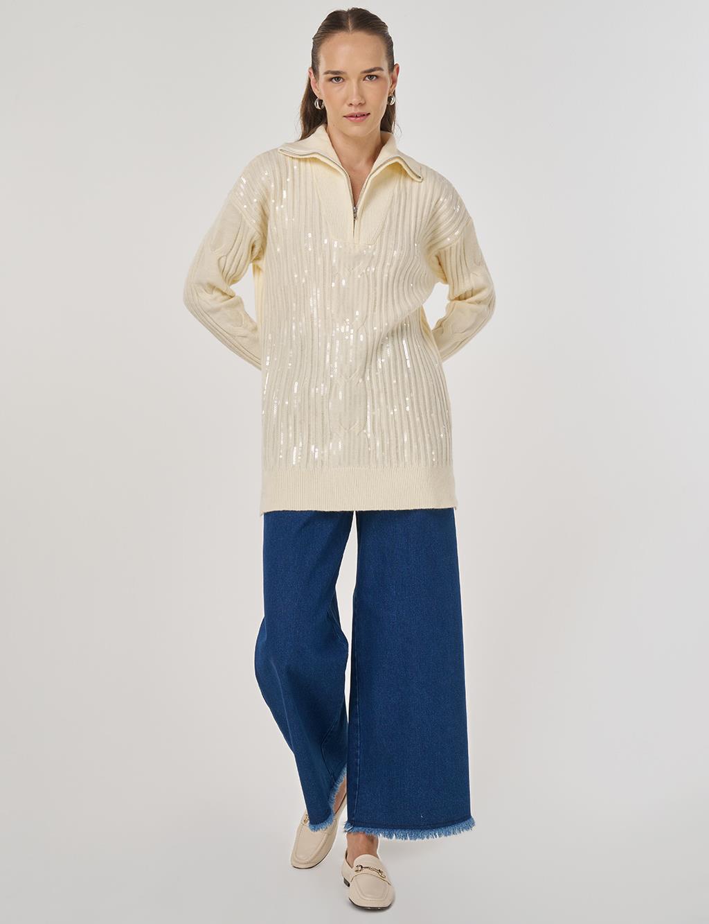 Payet İşlemeli Viskon Triko Tunik Bej 