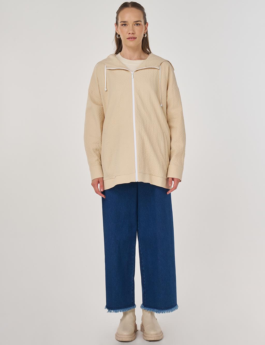 Kapüşon Detaylı Gofreli Ceket Açık Sarı